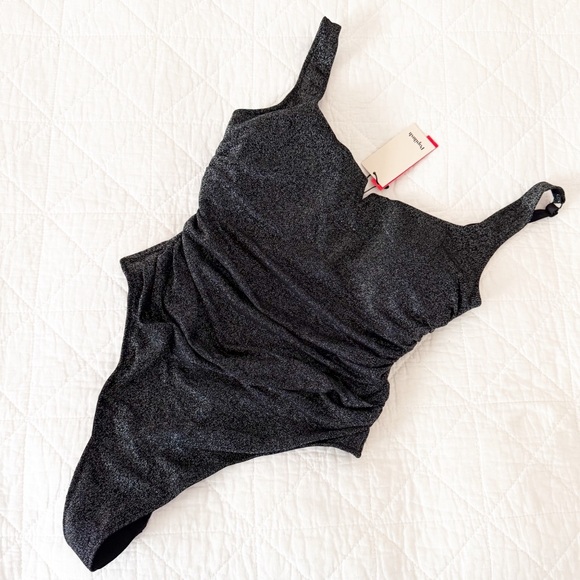 NEW POPILUSH Shapewear Ruched Metallic Knit Square Neck Slimming Bodysuit Black - Picture 2 of 7